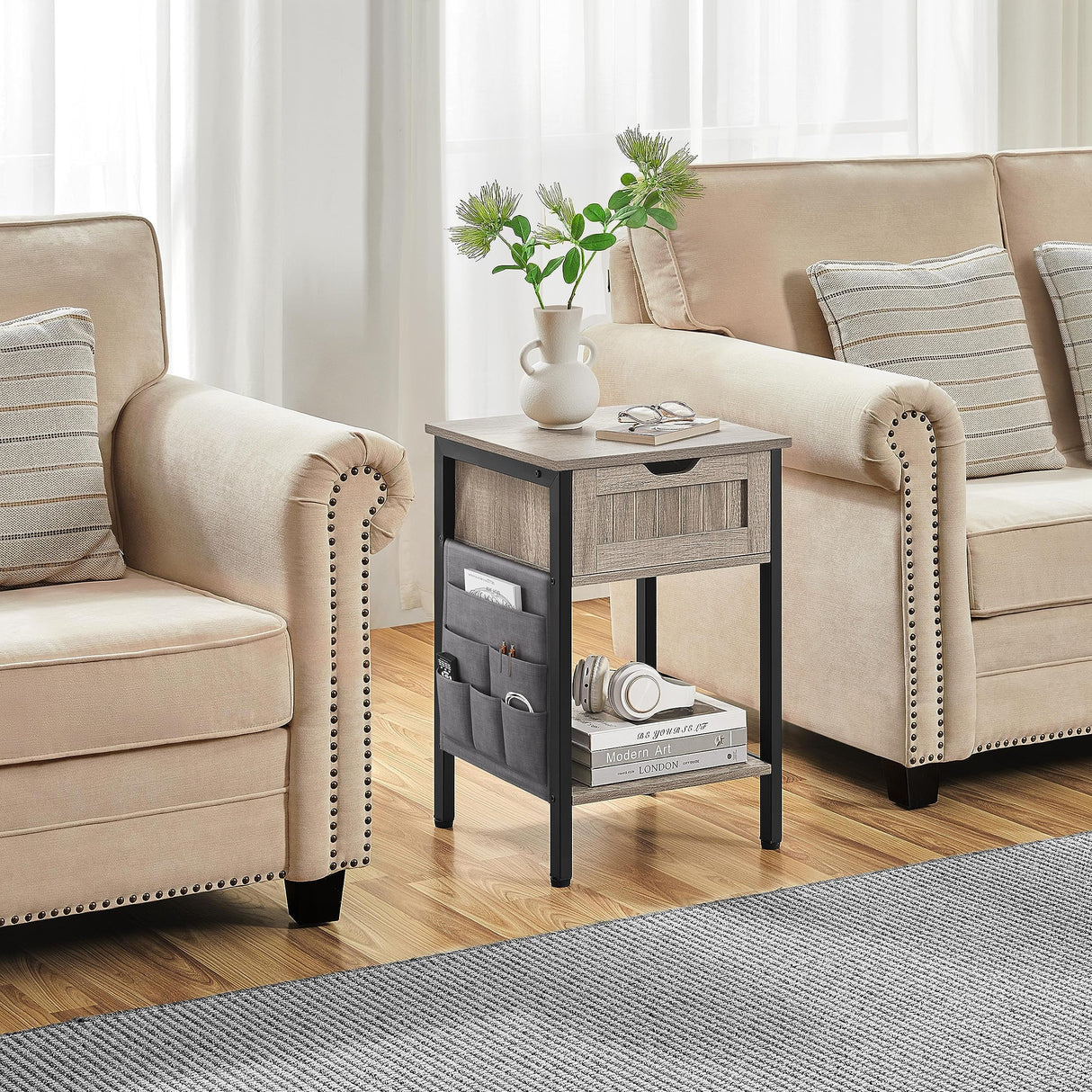 Yaheetech End Table with Drawer and Shelf, Sofa Side Table with Removable Storage Bag, Wooden Nightstand Bedside Table with Steel Legs for Living Room/Bedroom/Small Space, Gray Yaheetech