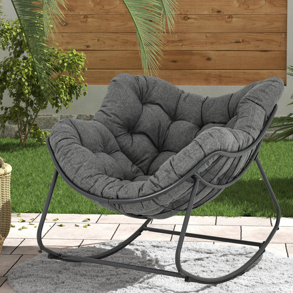 GREEN MORE Patio Rocking Chair Oversized Indoor & Outdoor, Egg Rocking Chair Lounge with Padded Cushion and Metal Frame for Front Porch Patio Backyard GREEN MORE