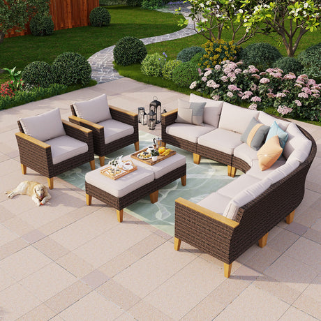 PHI VILLA Outdoor Furniture Set 10-Piece Heavy Duty Sectional Half-Moon Curved Sofa, Wicker Patio Conversation Set for 10 Seats with Cushions, Beige PHI VILLA