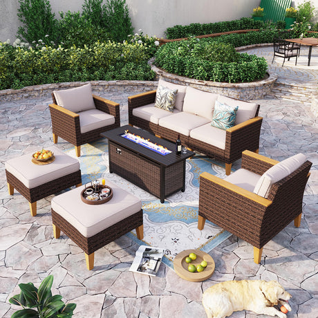 Sophia & William Patio Furniture Set with Fire Pit Table, Large Outdoor Wicker Rattan Sectional Sofa 8 Piece Patio Conversation Set for Deck, Backyard, Porch, Outside(56-Inch Fire Pit,Beige) Sophia & William
