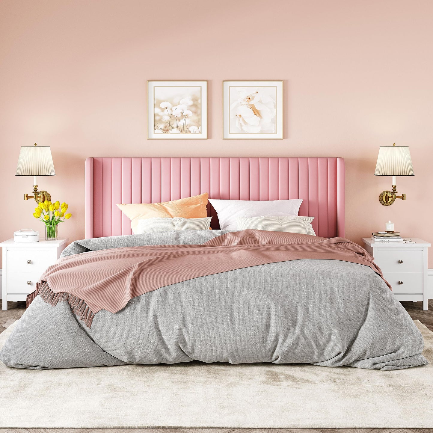 Allewie King Size Velvet Bed Frame/Vertical Channel Tufted Wingback Headboard/Upholstered Platform Bed/Strong Wooden Slats/No Box Spring Needed/Easy Assembly/Pink