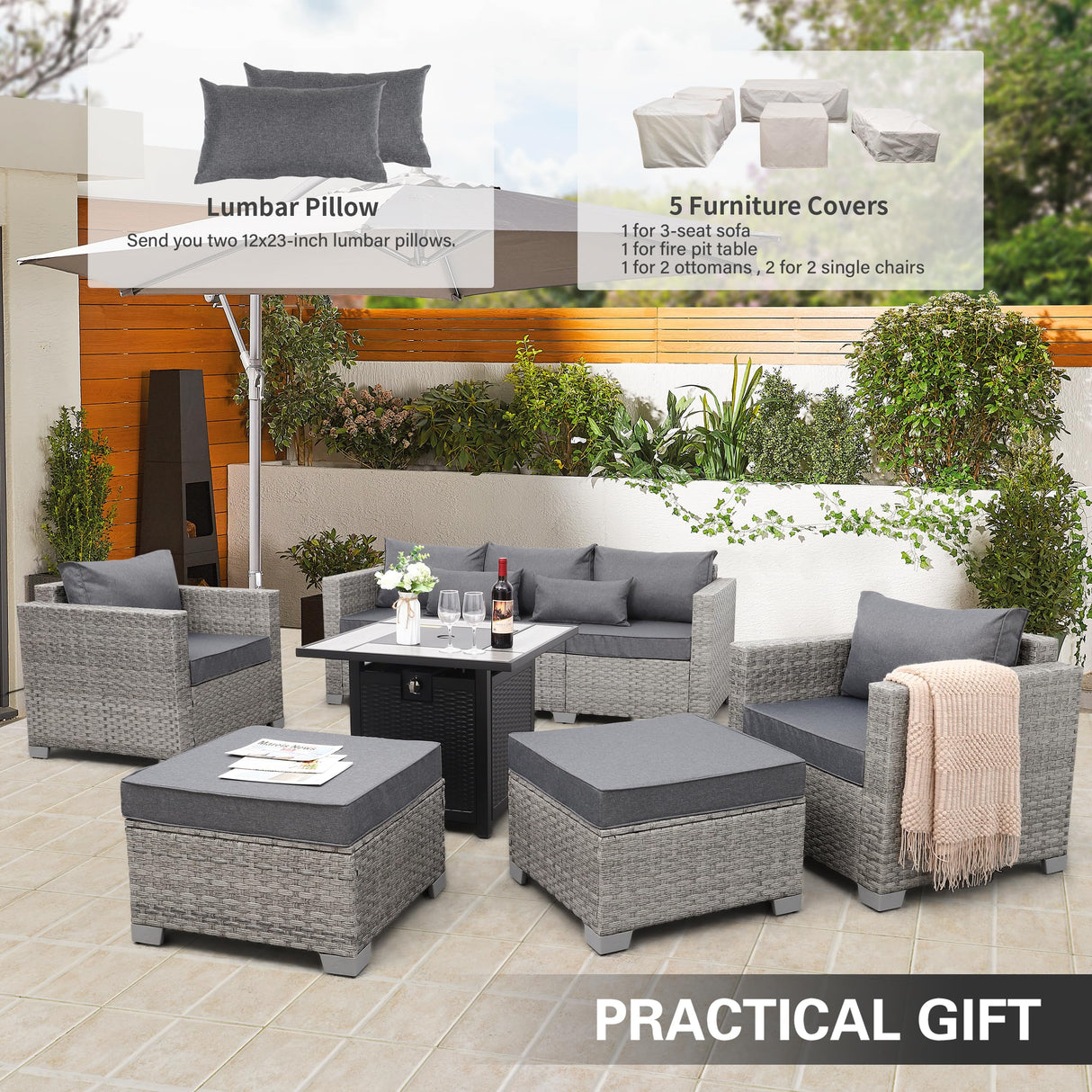WAROOM Patio Furniture Set 6 Piece Outdoor Patio Set Grey Wicker Balcony Furniture Conversation Sets PE Rattan Couch Sofa with Fire Pit Table, Grey Cushion WAROOM