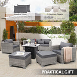 WAROOM Patio Furniture Set 6 Piece Outdoor Patio Set Grey Wicker Balcony Furniture Conversation Sets PE Rattan Couch Sofa with Fire Pit Table, Grey Cushion WAROOM