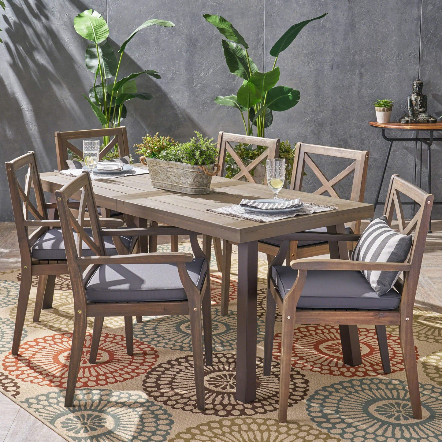 Christopher Knight Home Justin Outdoor 7 Piece Acacia Wood Dining Set, Teak, Gray Finish/Rustic Metal/Dark Gray - WoodArtSupply