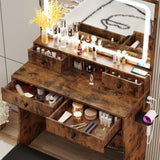 LIKIMIO Vanity Desk with LED Lighted Mirror & Power Outlet & 4 Drawers, Dressing Makeup Table Set with Storage Stool and Hair Dryer Stand, Vintage LIKIMIO