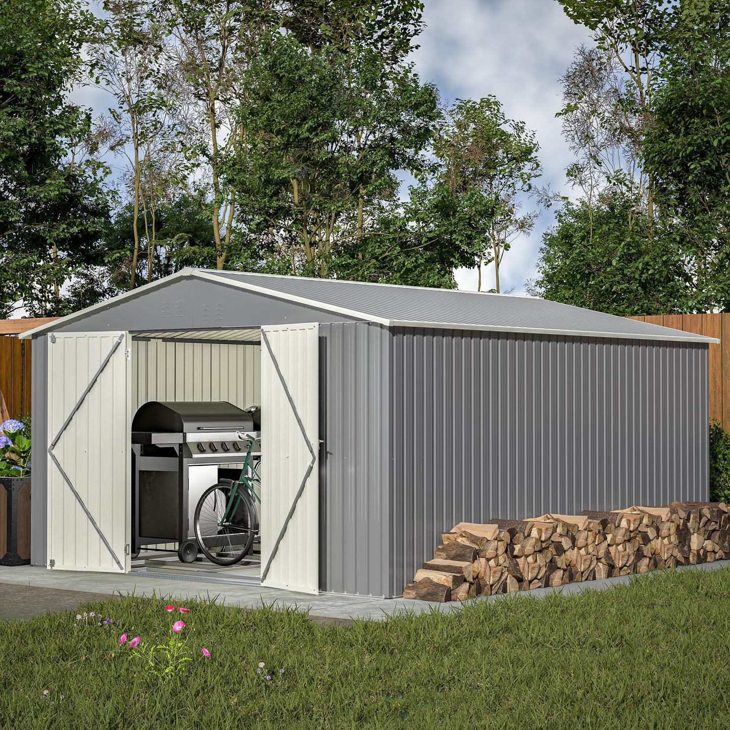 Thanaddo 11x13 FT Outdoor Storage Shed, Metal Steel Utility Tool Shed Storage House with Double Lockable Doors & Air Vent for Backyard Garden Patio Lawn Gray - WoodArtSupply