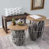 End Tables Set of 2 - Nesting Tables with Removable Wood Tops and Metal Basket Bases for Blanket Storage - Round Side Furniture for Living Room, Bedroom, or Home Office by Lavish Home (Brown/White) Lavish Home