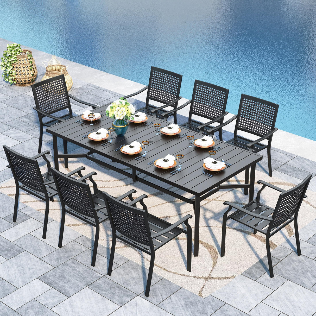 Sophia & William Patio Table and Chairs Set, Outdoor Dining Set for 8, 9 Piece Metal Patio Furniture, 82.7" Black Rectangular Table(Beehive) Sophia & William