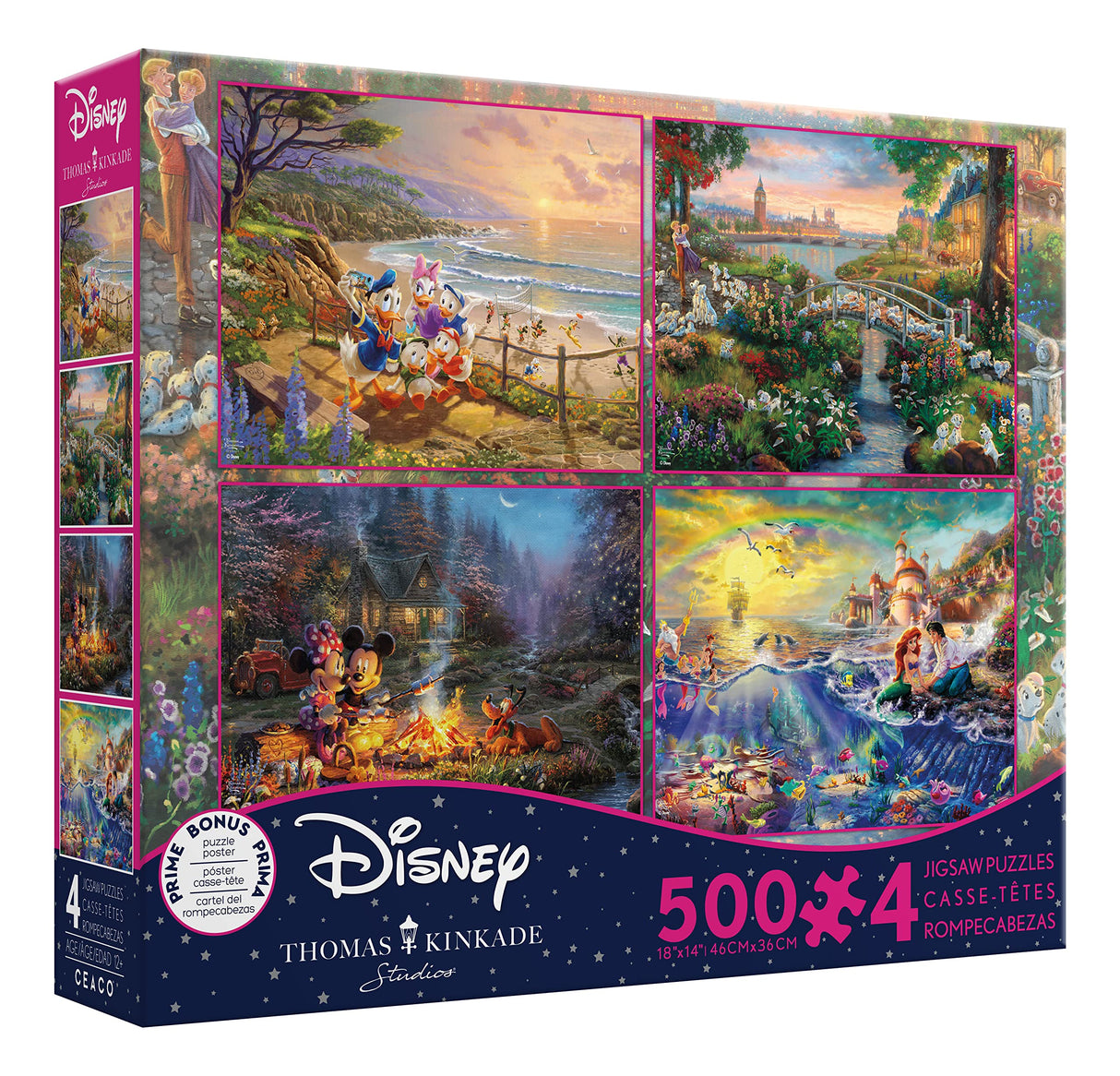 Ceaco - 4 in 1 Multipack - Thomas Kinkade - Disney Dreams Collection - Donald & Daisy Duck, 101 Dalmatians, Mickey, Minnie, & Pluto, & The Little Mermaid - (4) 500 Piece Jigsaw Puzzles Ceaco
