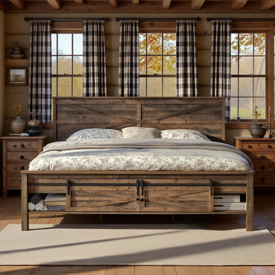 XIASLO Farmhouse King Size Bed Frame with Headboard, Sliding Barn Door Storage Cabinets, Sturdy Wood Slats Support, No Box Spring Needed, Noisy Free, Easy Assembly, Rustic Brown