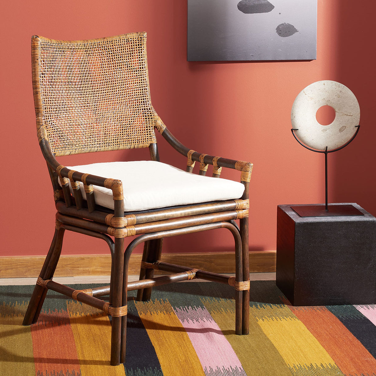 SAFAVIEH Home Collection Donatella Natural Wash/White Cushion Living Room Dining Room Bedroom Office Foyer Rattan Chair Safavieh