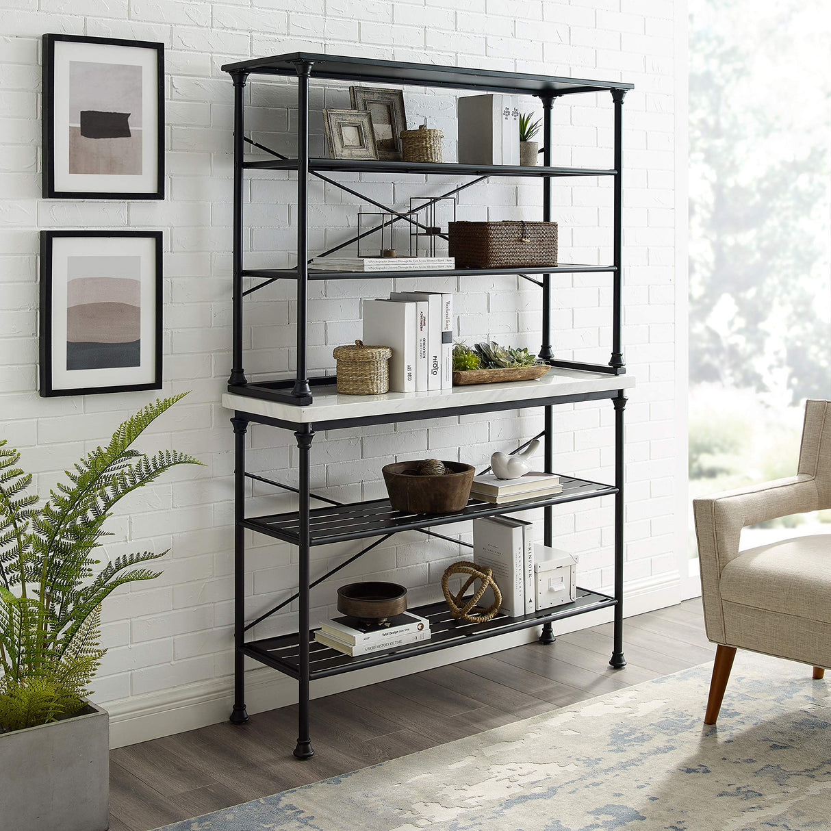 Crosley Furniture Madeleine Baker's Rack with Shelves for Storage, Microwave Stand, Coffee Bar, Steel with Faux Marble Top Crosley Furniture