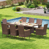 Wisteria Lane Patio Dining Sets for 8, All Weather Rattan Outdoor Table and Chairs with Acacia Wood Tabletop, Patio Dining Furniture with Removable Cushions for Deck Garden, Backyard, Brown Wisteria Lane