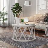 COZAYH Farmhouse Coffee Table, Rustic Round Coffee Table with X-Motifs Legs, Wood Textured Top, for Boho, French Country Decor, Antique White COZAYH