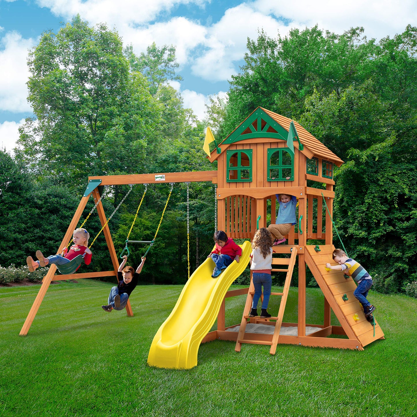 Gorilla Playsets 01-1063-Y Outing Wood Swing Set with Wood Roof & Yellow Slide, Amber - WoodArtSupply