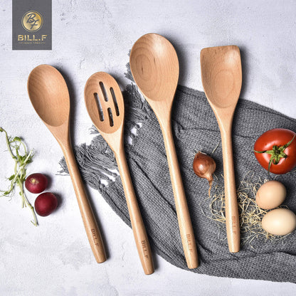 Wooden Spoons for Cooking Wooden Kitchen Utensil Set of 4 Beech Wood Non Scratch BILL.F Wooden Cooking Utensils Spatula Set Including Spoon, Turner,and Slotted Spoon with Long Handle