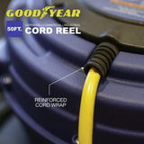 Goodyear Extension Cord Reel Retractable 16AWG x 50' Foot 3C/SJTOW Commercial Cable LED Triple Tap Connector Power 10A 125VAC 938W Goodyear