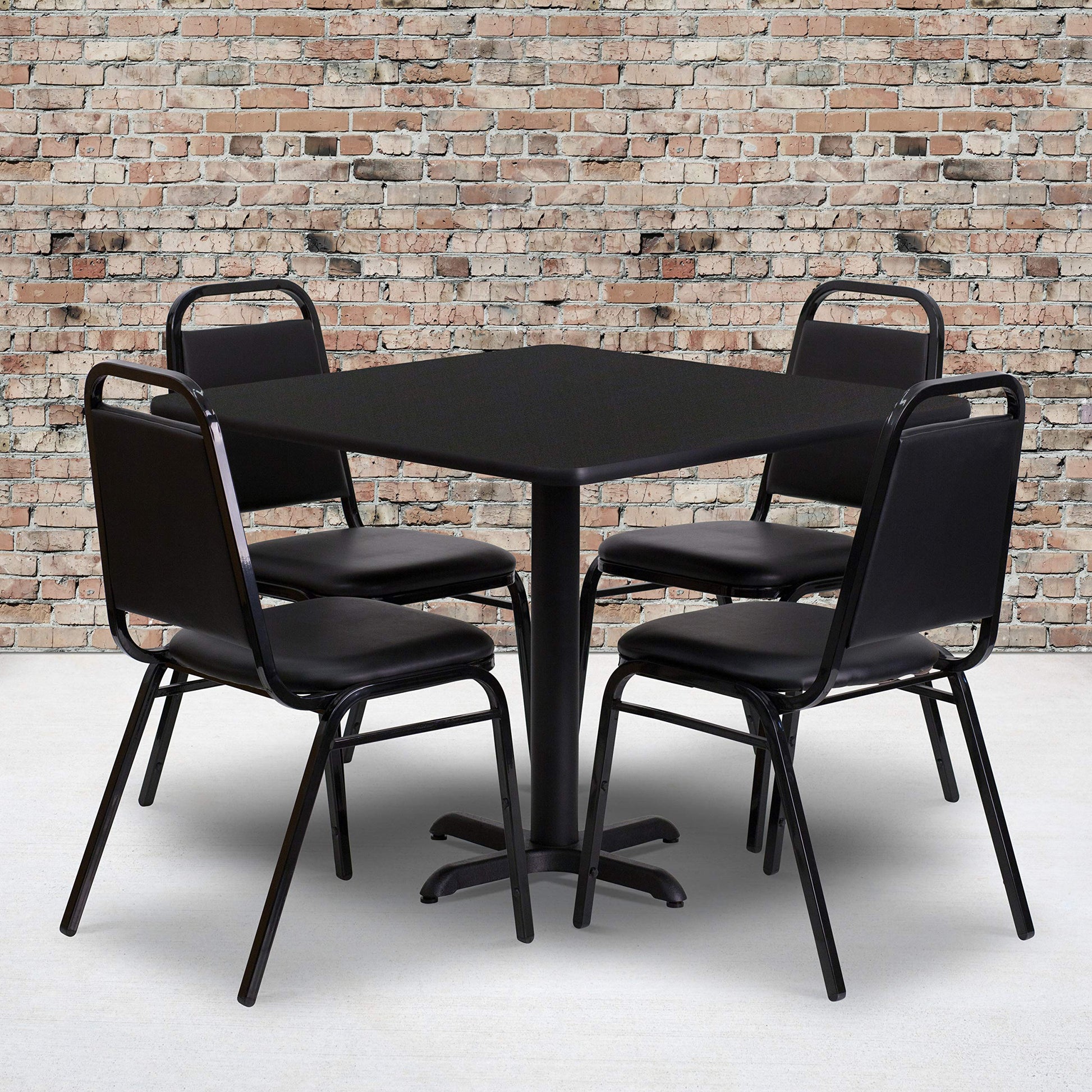 Flash Furniture Carlton 36'' Square Black Laminate Table Set with X-Base and 4 Black Trapezoidal Back Banquet Chairs - WoodArtSupply