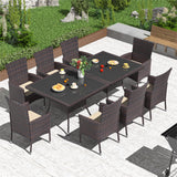 Kurapika 10-Piece Patio Furniture Outdoor Dining Set, Wicker Rattan Patio Dining Table and Chairs Set, Square Tempered Glass Tabletop with Umbrella Hole and 8 Chair Set, Sand Kurapika