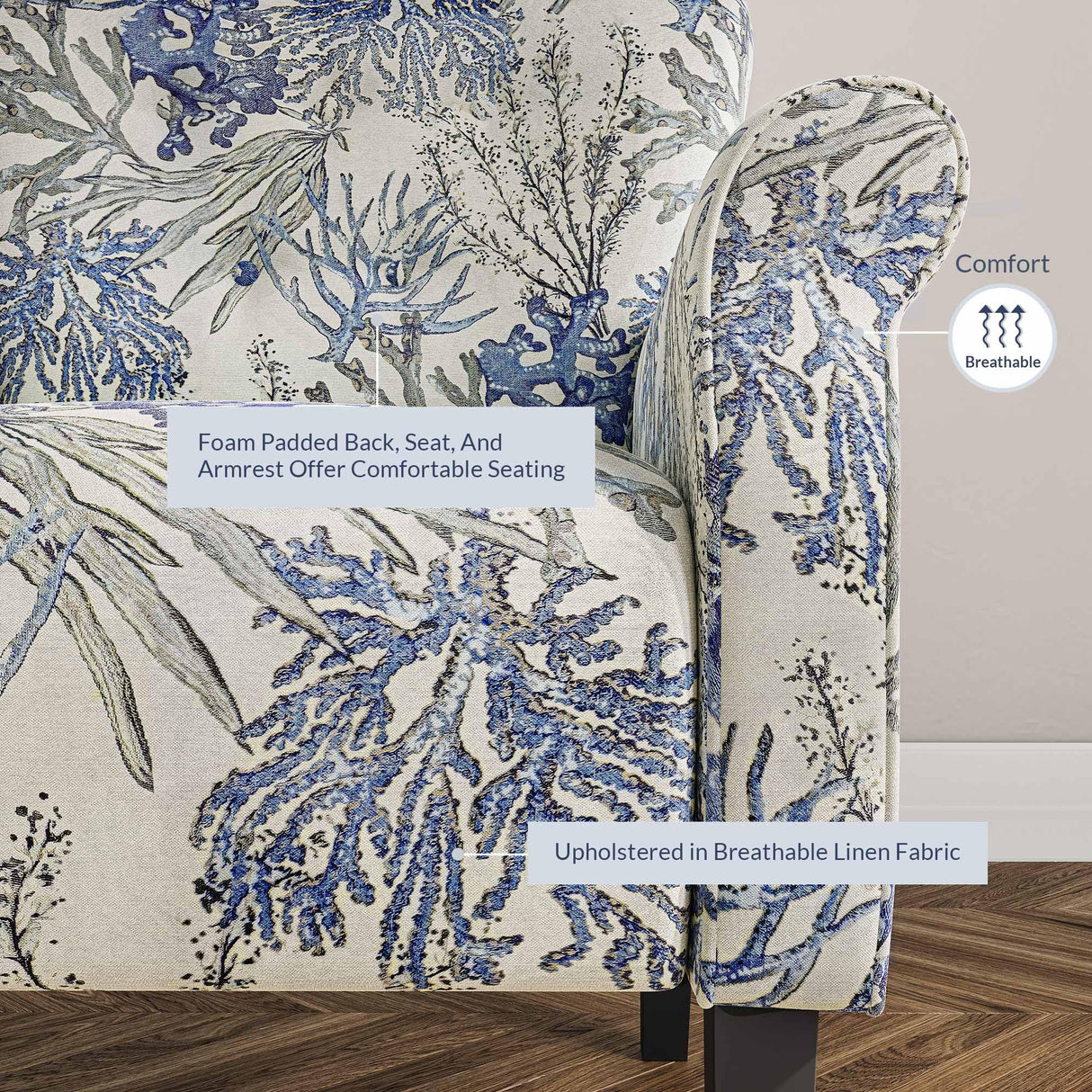 BELLEZE Modern Accent Chair for Living Room, High Back Linen Armchair with Wooden Legs, Upholstered Wingback Side Chair Padded Armrest Single Sofa for Living Room, Bedroom - Allston (Blue Coral) BELLEZE