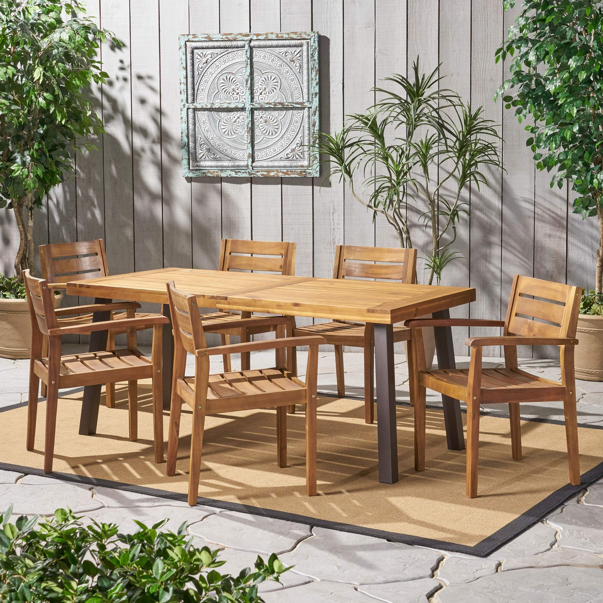 Christopher Knight Home Avon Outdoor Acacia Wood Dining Set, 7-Pcs Set, Teak Finish With Rustic Metal Accents - WoodArtSupply