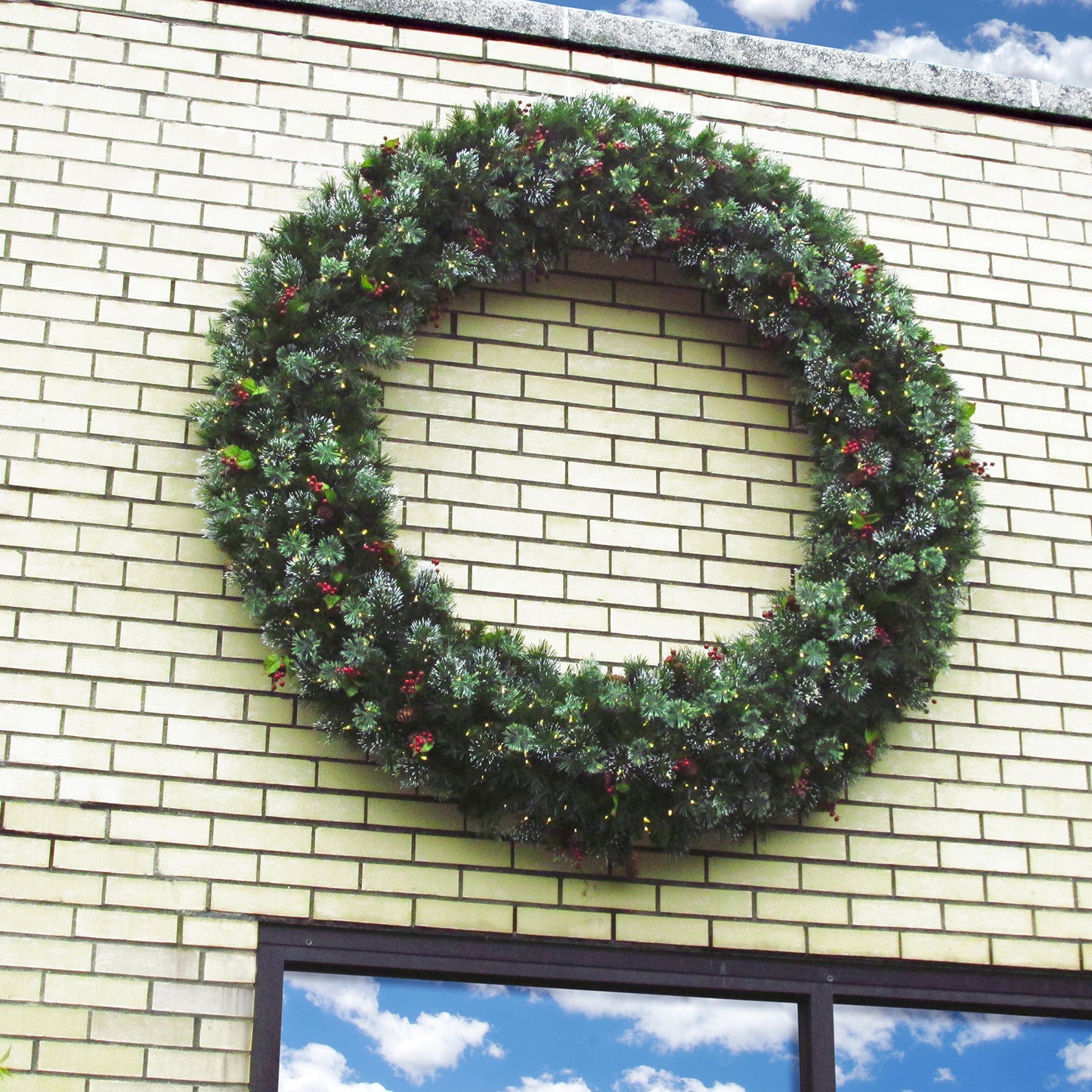 National Tree Company Pre-Lit Artificial Christmas Wreath, Green, Wintry Pine, White Lights, Decorated with Pine Cones, Berry Clusters, Frosted Branches, Christmas Collection, 60 Inches