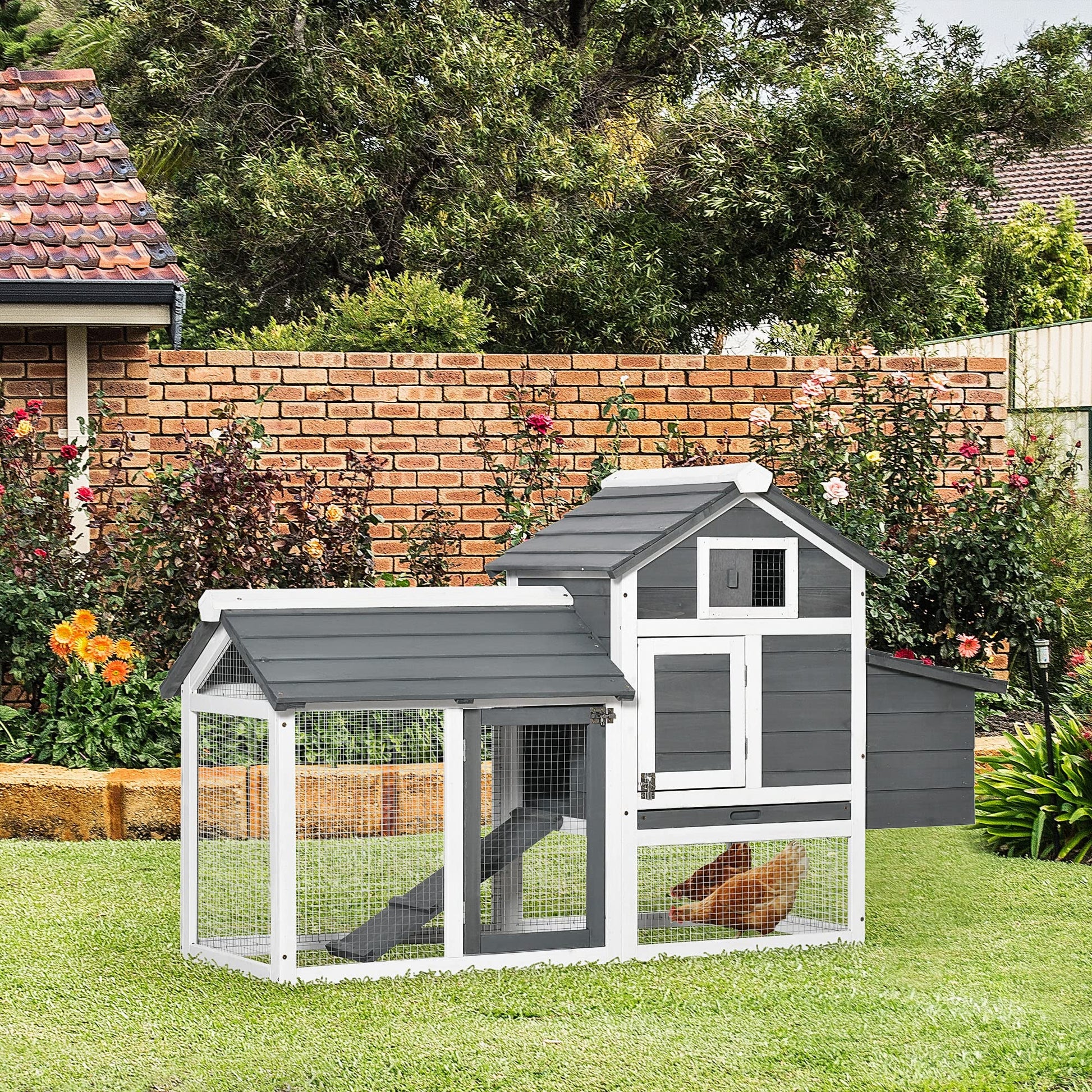 PawHut 59" Small Wooden Chicken Coop Hen House Poultry Cage for Outdoor Backyard with 2 Doors, Nesting Box and Removable Tray, White - WoodArtSupply