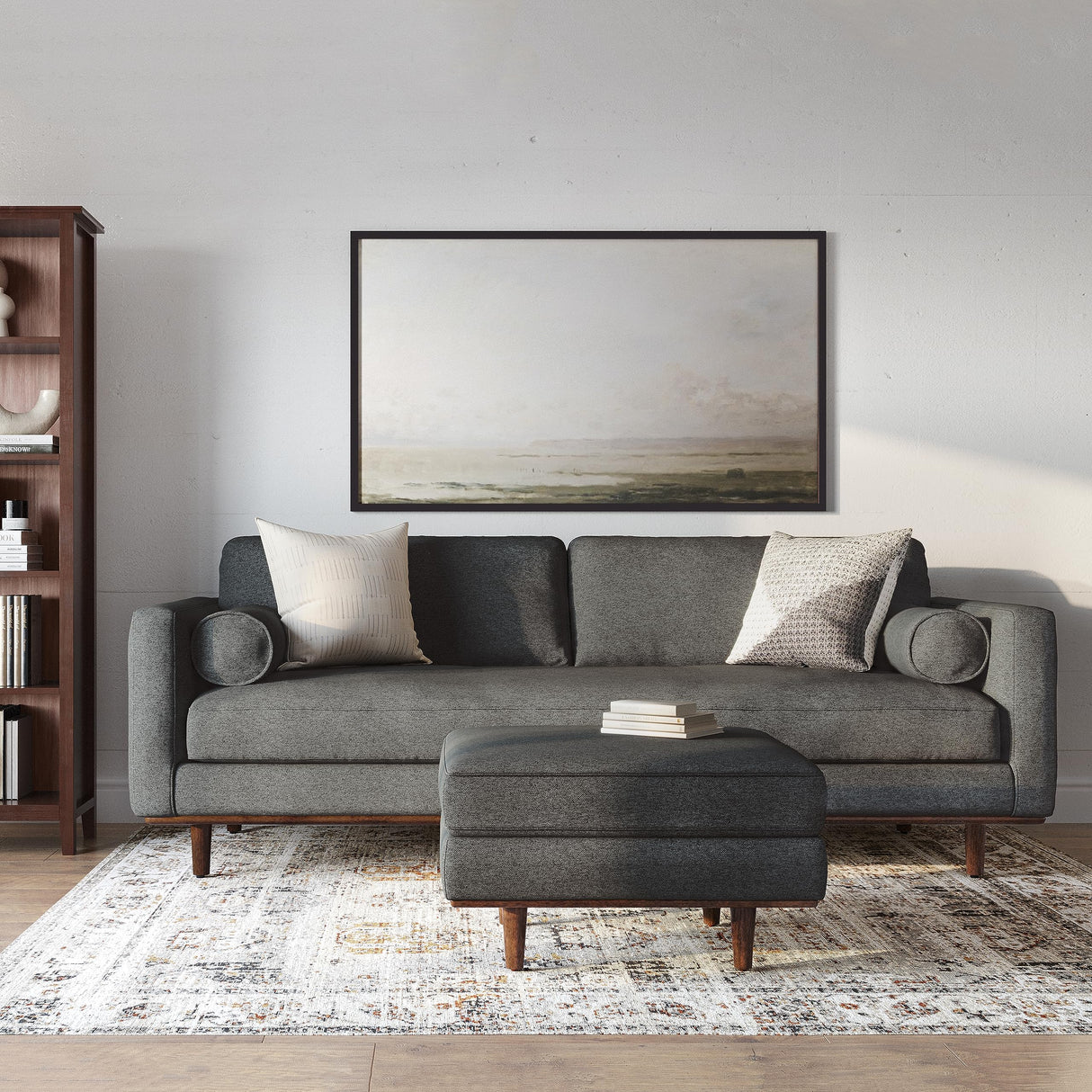 SIMPLIHOME Morrison 89-inch Wide Sofa in Charcoal Grey Woven-Blend Fabric, Handcrafted Mid-Century Modern Couch for Living Room or Family Room, Single Bench Cushion, Bolster Pillows SIMPLIHOME