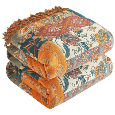 Boho Throw Blanket for Bed 60”x80”, 100% Cotton Woven Blanket for Couch Sofa, Ultra Soft 4-Layer Muslin Quilt with Patchwork Floral Printed, Farmhouse Bed Blanket/Cover for Living Room Decor SE SOFTEXLY