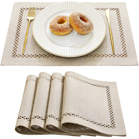 Aoztio Burlap Placemats Set of 4, 12 x 18 Inch Rustic Geometric Hollow Place Mats, Heat Resistant Placemats for Farmhouse Kitchen Table Decor, Coffee 4PCS Aoztio