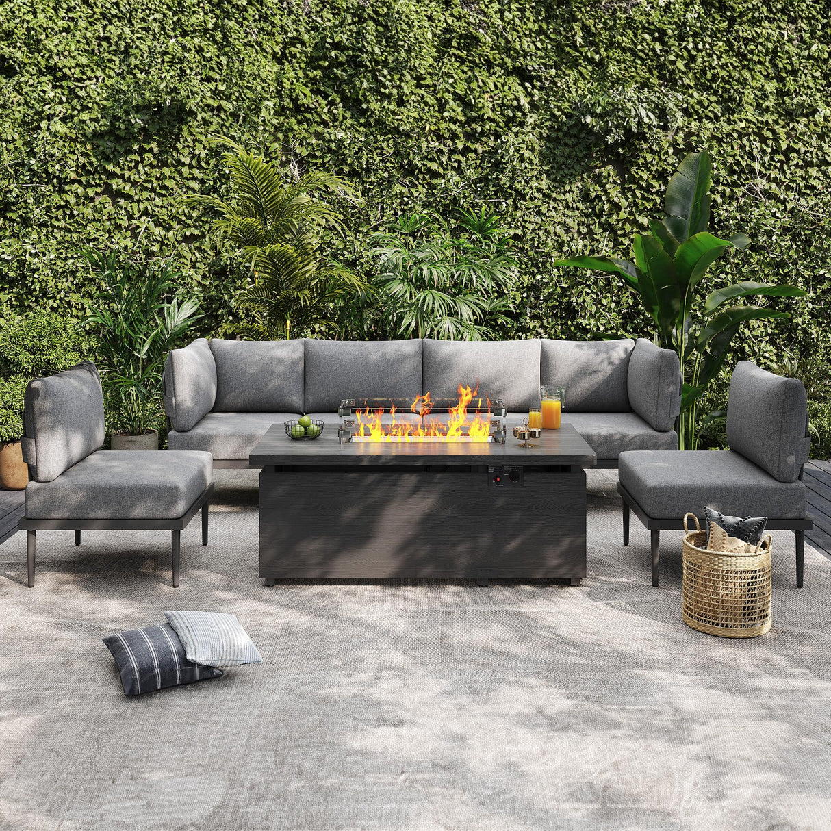 Sundale Outdoor 7 Pieces Metal Patio Furniture Set with Fire Pit Table, Outdoor Sectional Sofa w/6 Inch Olefin Cushion, Modern Outdoor Conversation Sets Sundale Outdoor