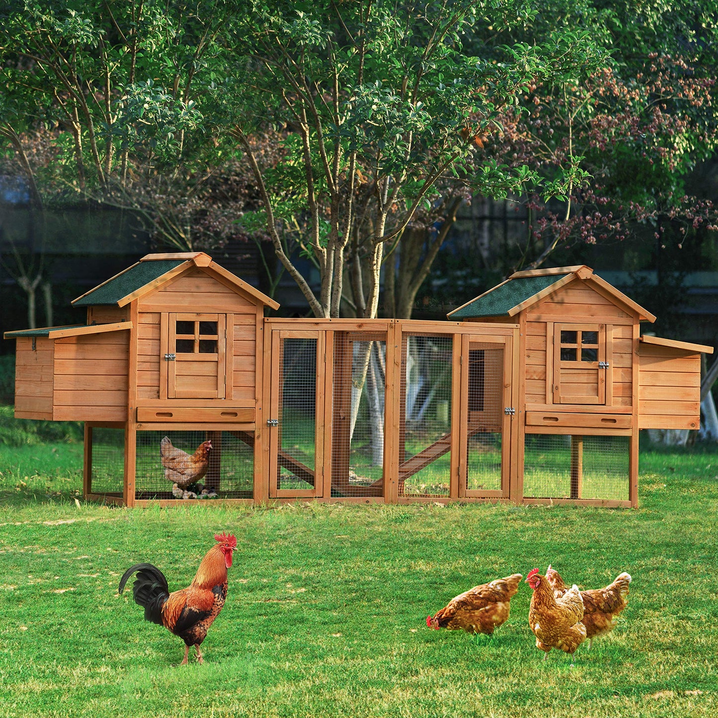 123.6" Chicken Coop Hen House with Nesting Boxes Wooden Small Animal Cage for Chicks Outdoor Rabbit Hutch Bunny Cage with 2 Run Play Area, Ramps, Waterproof Roof & Pull Out Tray Auburn