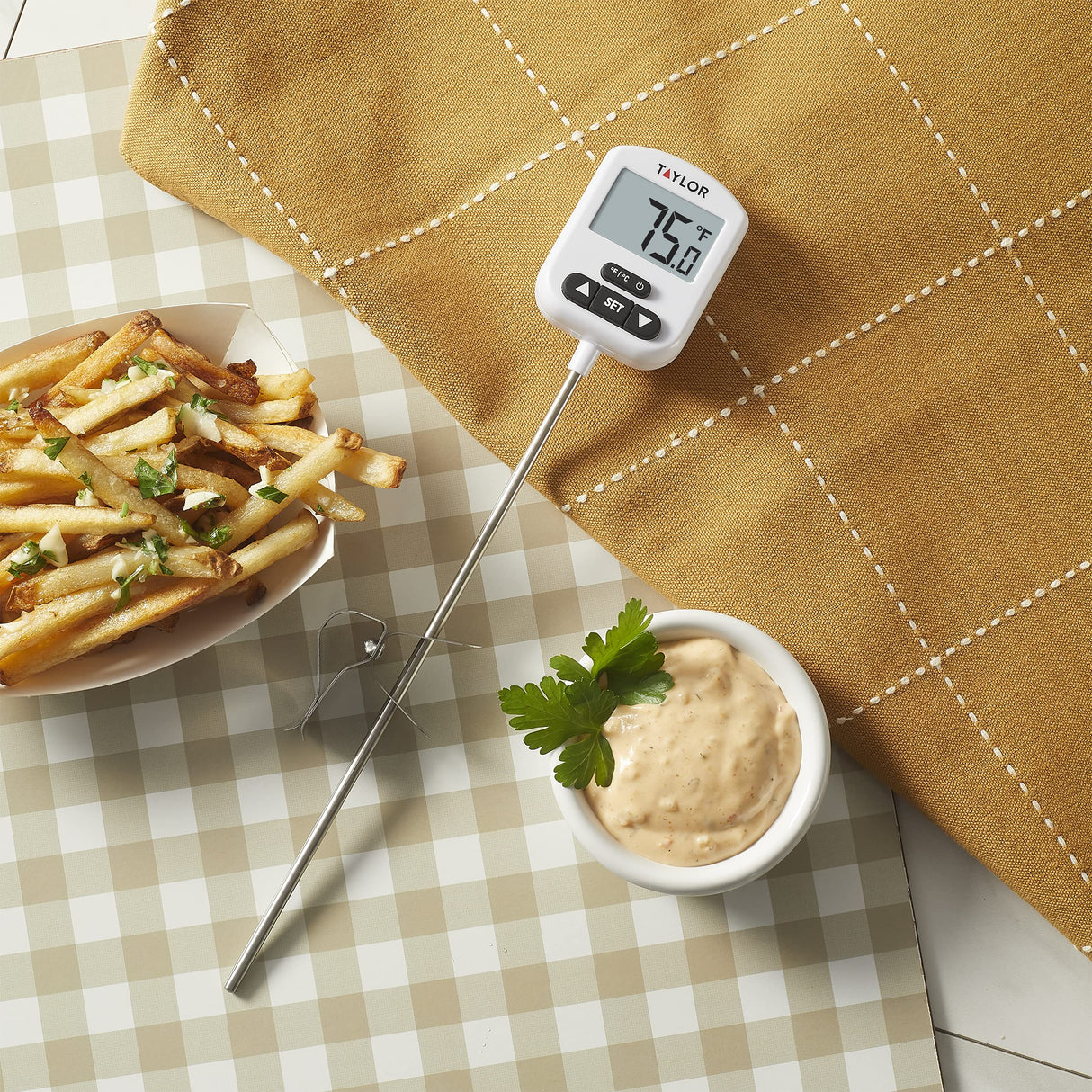 Taylor Programmable Digital Candy and Deep Fry Thermometer with Green Light Alert Display, Long Stem, and Adjustable Pan Clip, White Taylor