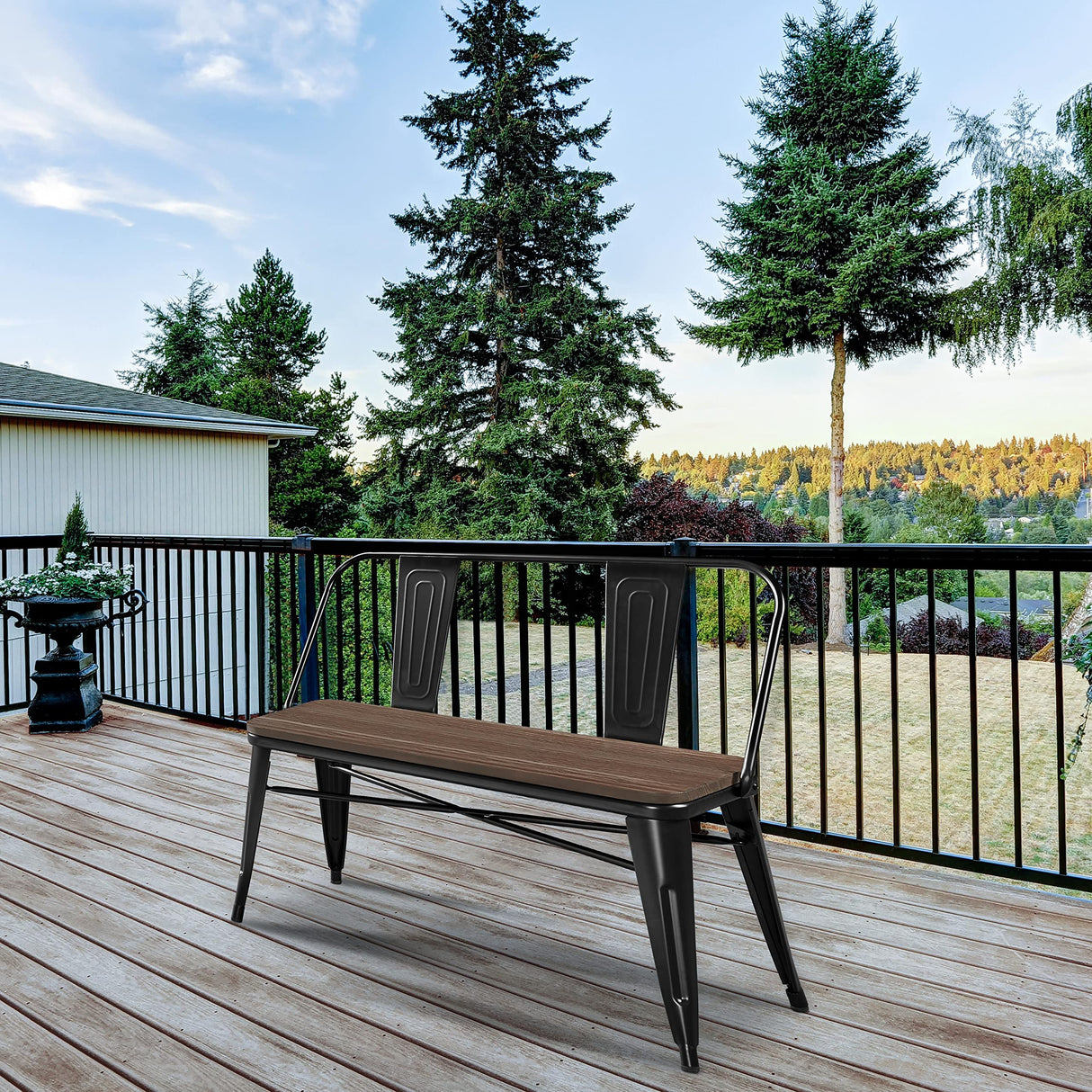 Yaheetech Industrial Metal Bench Mid-Century 3 Person Chair Dining Room Long Farmhouse Bench with Wood Seat,Removable Backrest,Black Yaheetech