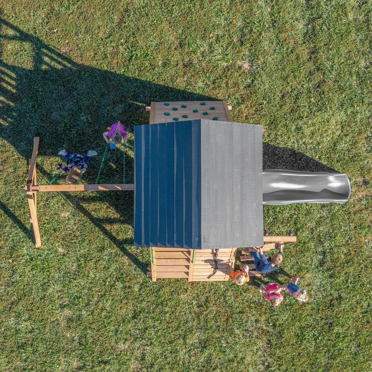 Backyard Discovery Endeavor All Cedar Wood Swing Set Playset with Gray Wave Slide for Backyard with Large Clubhouse Rope Ladder Rock Climbing Wall Wave Slide 2 Belt Swings and 1 Web Swing Gift Backyard Discovery