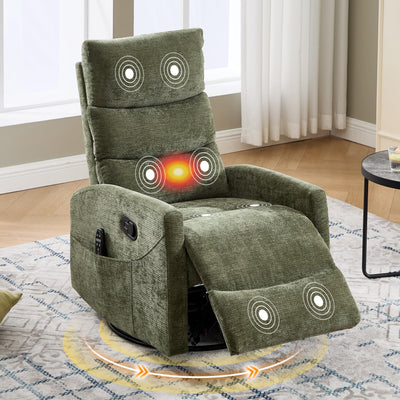 Manual Swivel Rocker Recliner Chair with Vibration Massage, Overstuffed Glider Chair with Lumbar Heat for Nursery, Living Room Reclining Sofa Chair, Chenille Fabric Green