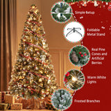 Yaheetech 6ft Pre-lit Frosted Artificial Hinged Christmas Tree with 818 Flocked PVC Tips,62 Pine Cones,62 Holly Berries & 250 Warm White Lights,Foldable Stand,Green Yaheetech