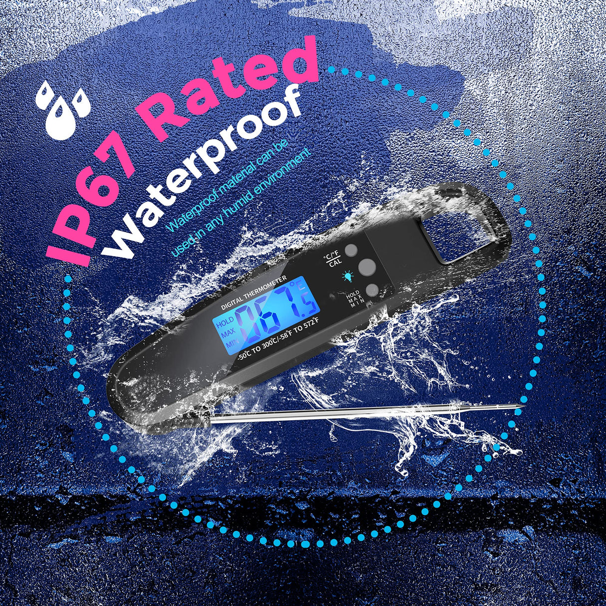 POWLAKENXS Instant Read Meat Thermometer for Kitchen Cooking, Ultra Fast Precise Waterproof Digital Food Thermometer with Backlight, Magnet and Foldable Probe for Deep Fry, Outdoor BBQ, Grill (Black) POWLAKENXS