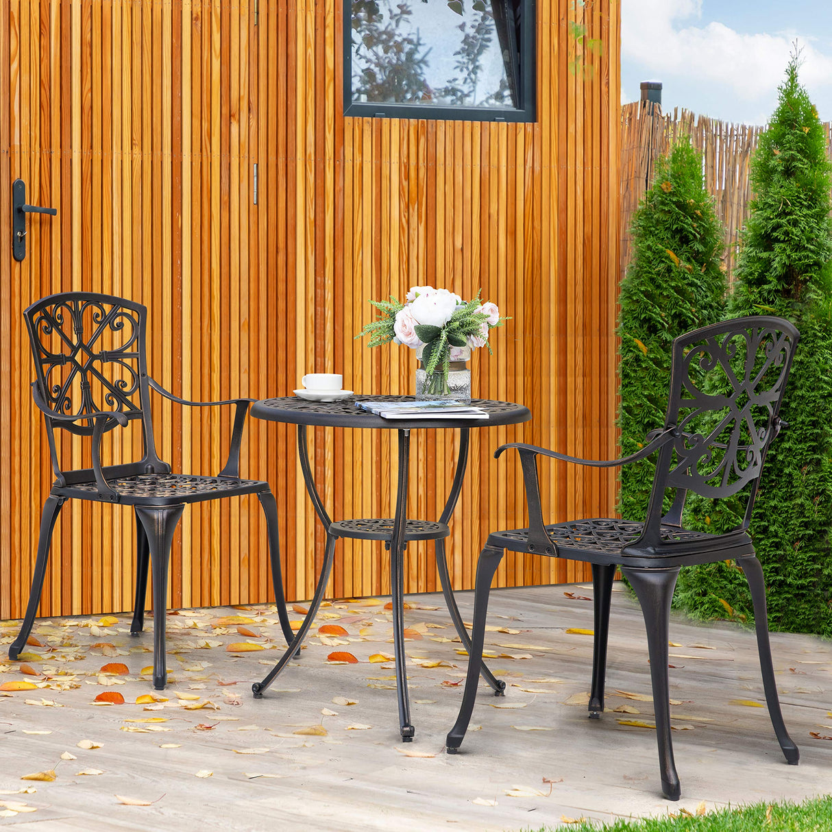 NUU GARDEN 3 Piece Outdoor Bistro Set Cast Aluminum Patio Set Bistro Table Set Rustproof Patio Table and Chairs with Umbrella Hole for Backyard, Balcony, Front Porch, Black NUU GARDEN