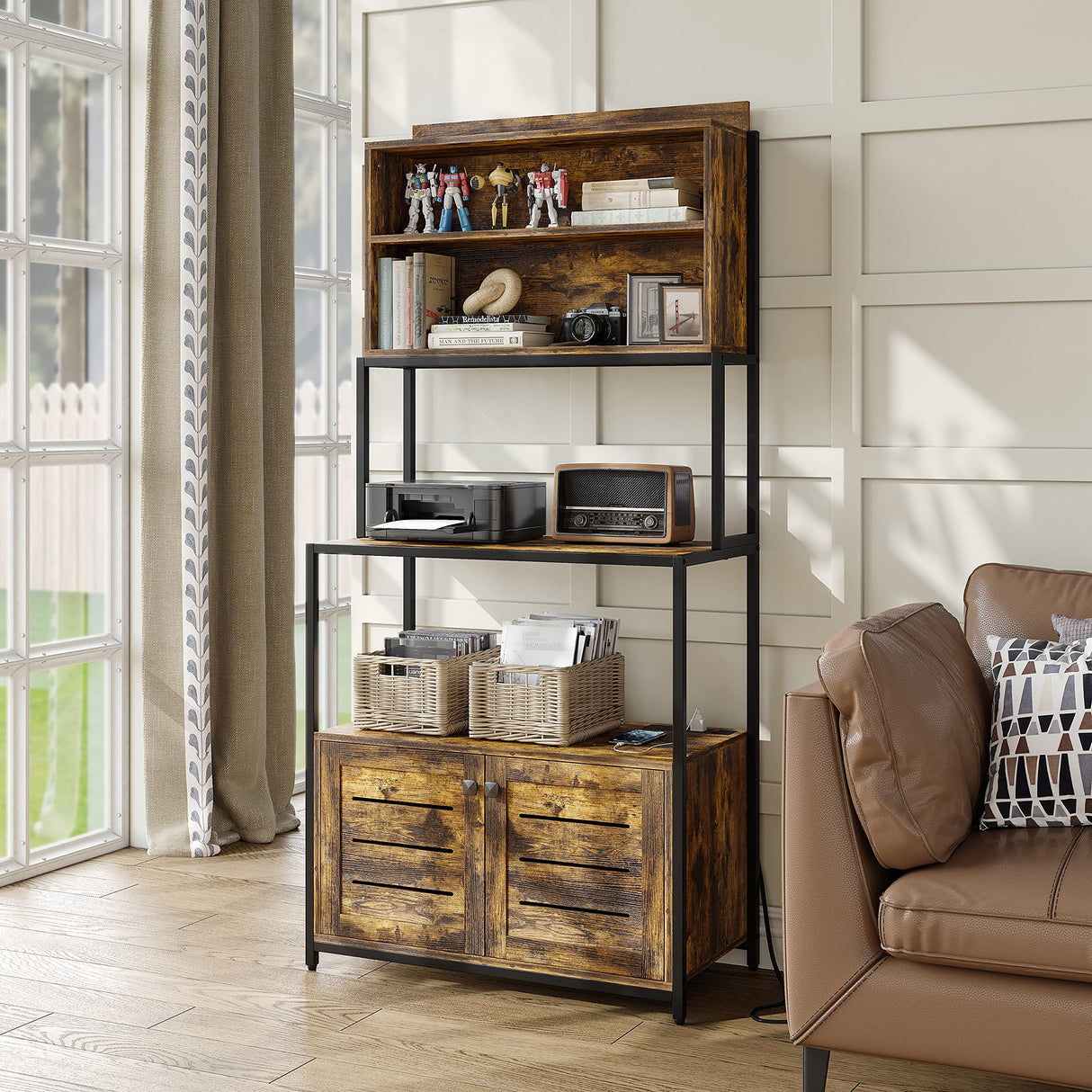 Furniouse Rustic Brown 5-Tier Kitchen Baker's Rack with Power Outlet and Storage Cabinets Furniouse