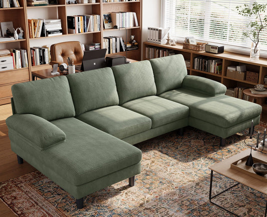 LINSY HOME U Sectional Couch, 111'' W Corduroy Sofa with Sleepable Armrests, 4 Seat Couch with Double Chaises, Deep Sofa for Living Room, Army Green