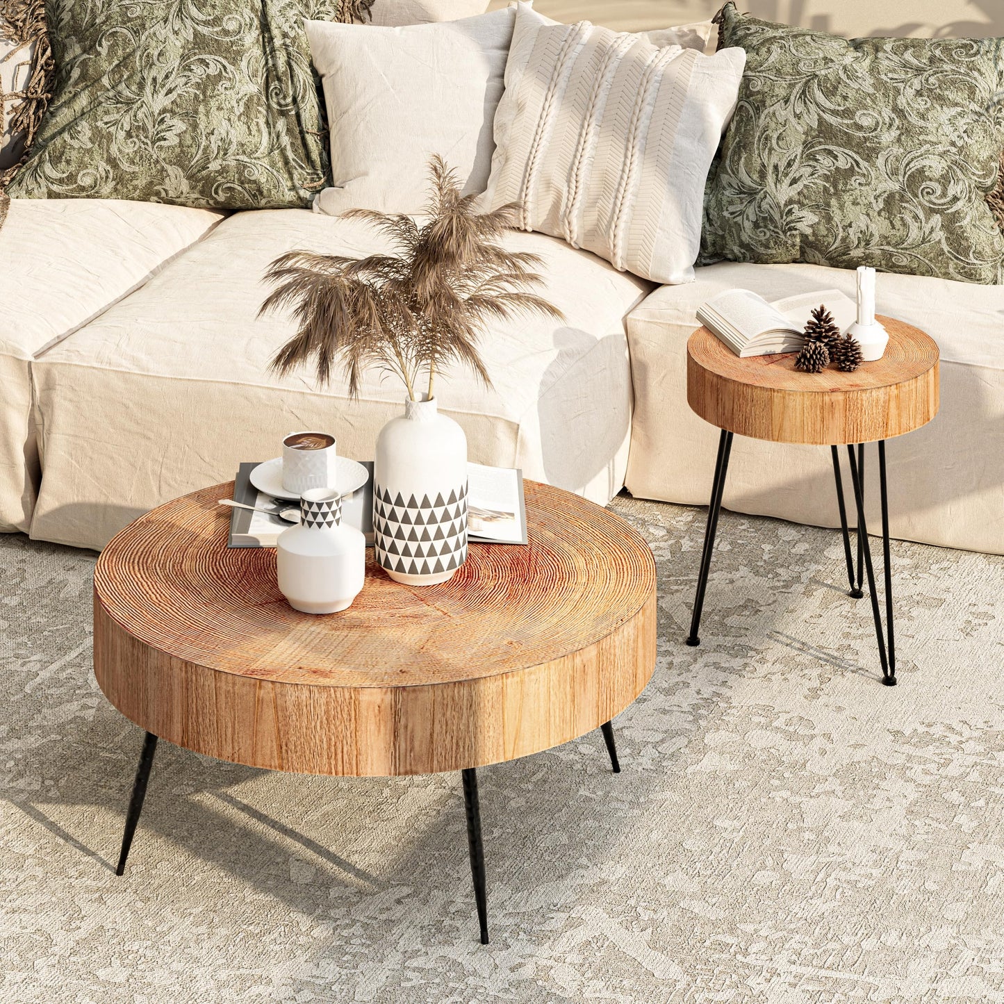 COZAYH 2-Piece Modern Farmhouse Living Room Coffee Table Set, Nesting Table Round Natural Finish with Handcrafted Wood Ring Motif, Light Red + Wood Color - WoodArtSupply