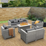 WAROOM Patio Furniture Set 5 Piece Grey Wicker Outdoor Furniture with Fire Pit Table, Patio Sectional Sofa Couch Sets Backyard Deep Seating PE Rattan Chairs, Grey Cushion WAROOM