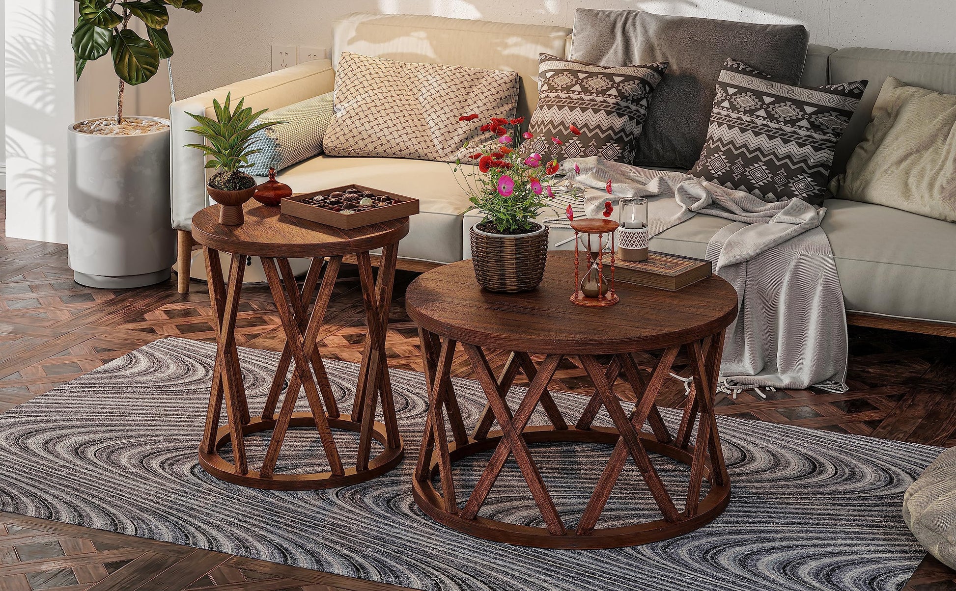 COZAYH Farmhouse End Table, Rustic Round Side Table with X-Motifs Legs, Wood Textured Top, for Boho, French Country Decor, Brown - WoodArtSupply