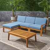 Christopher Knight Home Grenada Sectional Sofa Set | 5-Piece 3-Seater | Includes Coffee Table and Ottoman | Acacia Wood Frame | Water-Resistant Cushions | Teak and Blue, Finish Christopher Knight Home