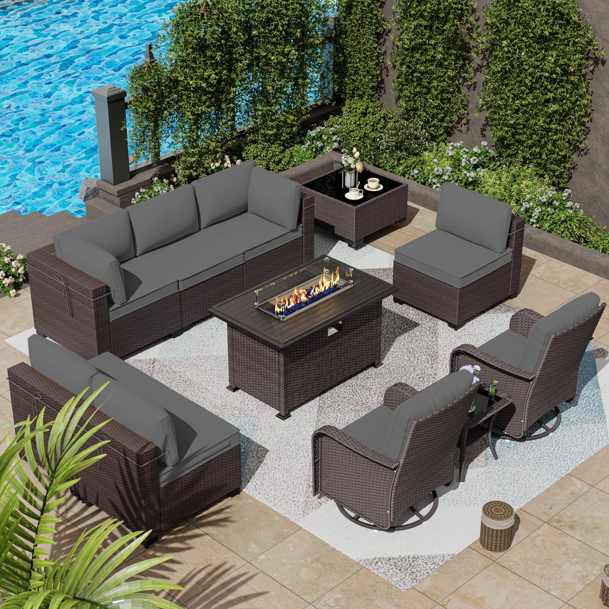 ASJMR 11 Pieces Patio Furniture Set with 2 Swivel Chairs Patio Furniture Outdoor Sectional Sofas with 55000 Gas Fire Pit Patio Conversation Set w/7 Cushions ASJMR