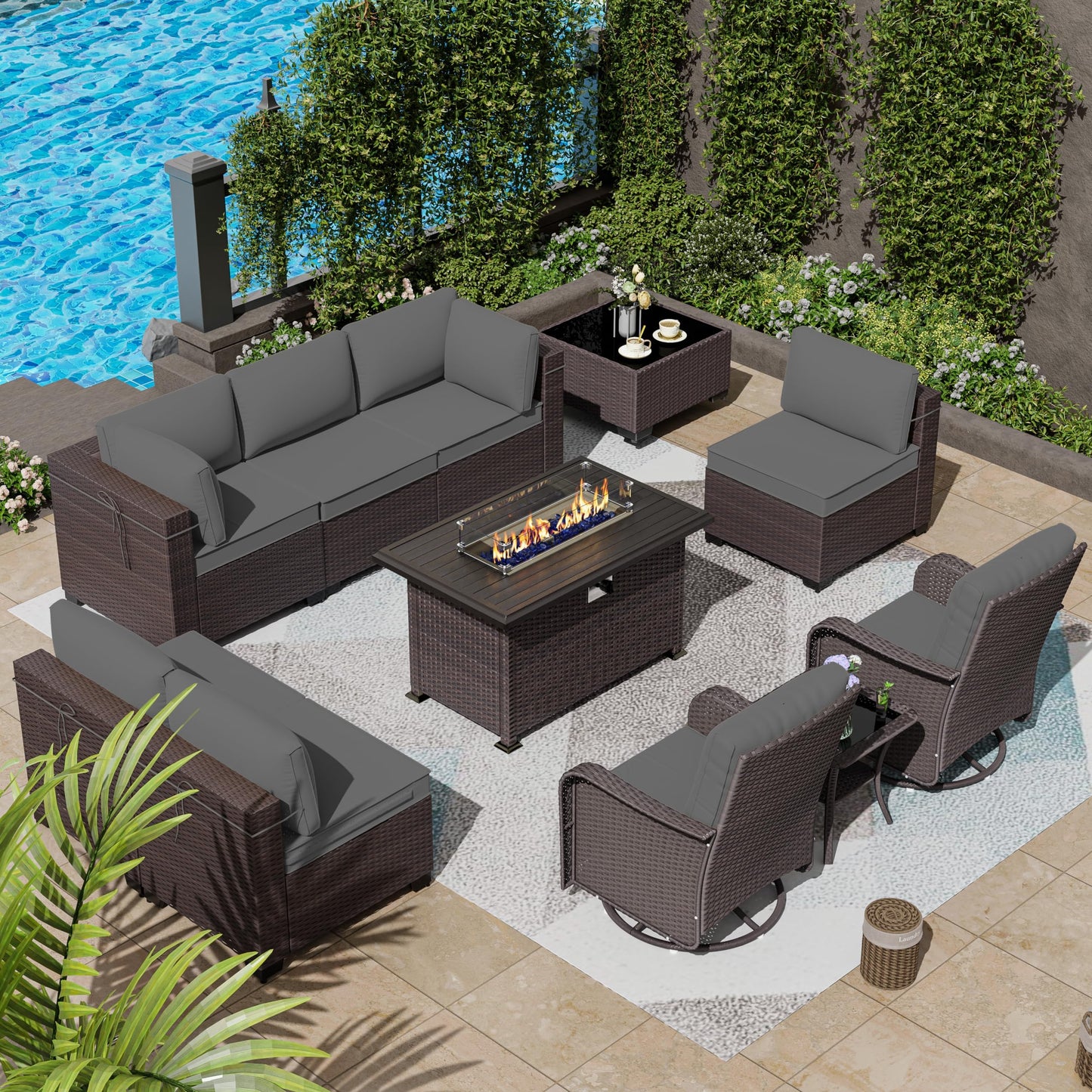 ASJMR 11 Pieces Patio Furniture Set with 2 Swivel Chairs Patio Furniture Outdoor Sectional Sofas with 55000 Gas Fire Pit Patio Conversation Set w/7 Cushions - WoodArtSupply