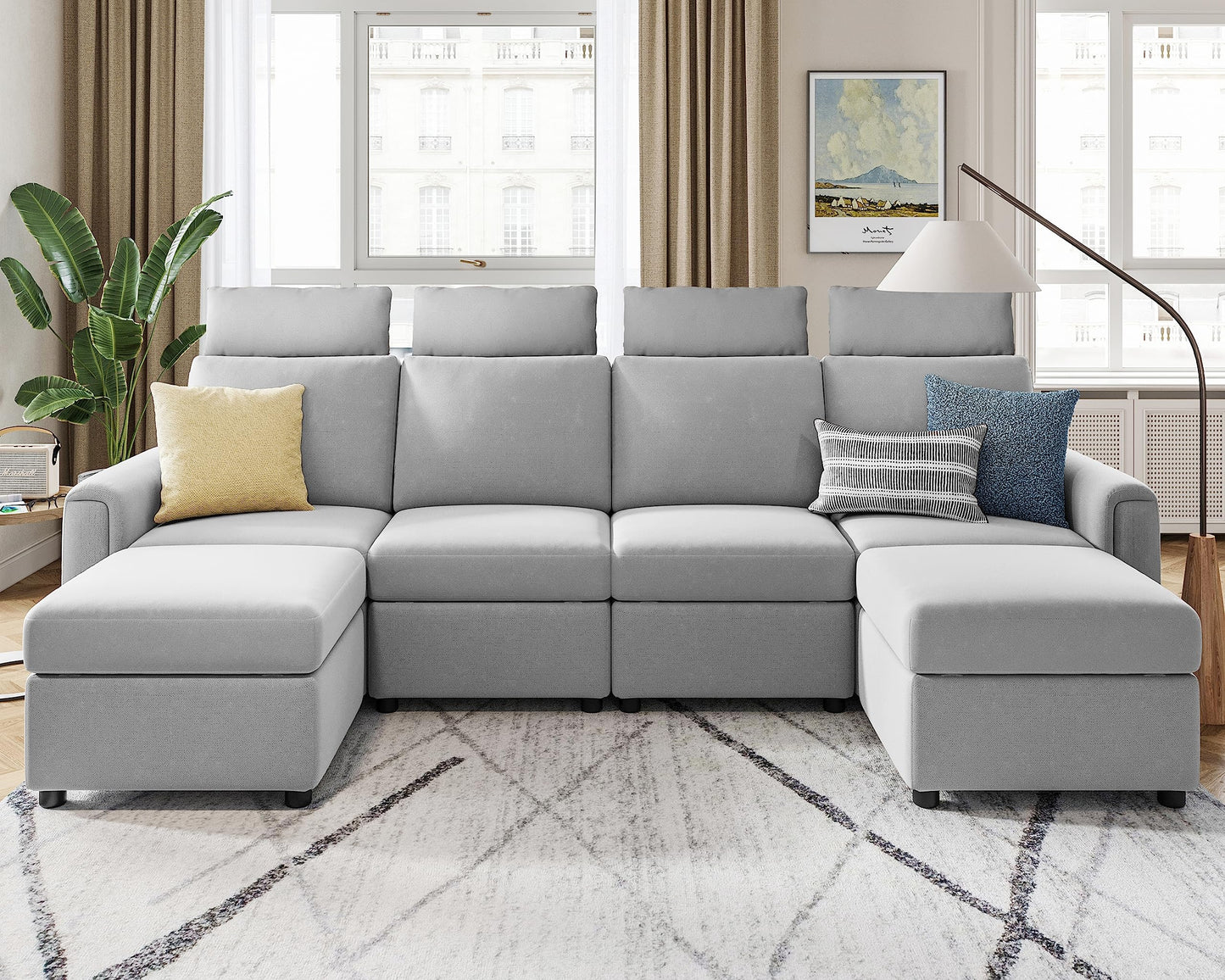 LINSY HOME Modular Sectional Sofa, Upgraded High Back Sectional Couch with 4 Headrests, U Shaped Sleeper Sofa with Storage, Sofa Covers Removable, 6 Seat Couch with Ottoman for Living Room, Grey