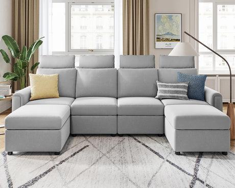 LINSY HOME Modular Sectional Sofa, Upgraded High Back Sectional Couch with 4 Headrests, U Shaped Sleeper Sofa with Storage, Sofa Covers Removable, 6 Seat Couch with Ottoman for Living Room, Grey LINSY HOME