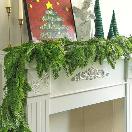 Watayo 6 Ft Christmas Norfolk Pine Garland- 3 Fork Dense Real Touch Pine Garland Ornament- Realistic Artificial Pine Greenery Garlands for Christmas Holiday Mantle Fireplace Table Home Decor Watayo